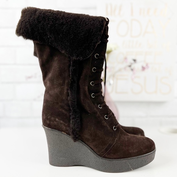 Via Spiga Brown Suede Lace Up Wedge Boots Size 7 1/2 - Picture 4 of 10